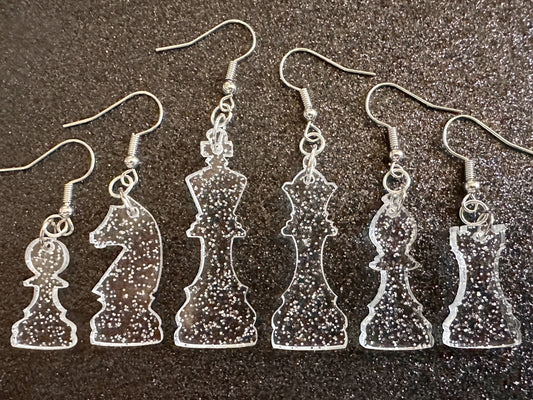 Glittery Chess Earrings: Laser Cut Acrylic Chess Pieces, Board Game, King, Queen, Pawn, Knight, Tower, Best Gifts for Her/Him/Them