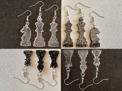 Glittery Chess Earrings: Laser Cut Acrylic Chess Pieces, Board Game, King, Queen, Pawn, Knight, Tower, Best Gifts for Her/Him/Them