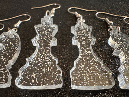 Glittery Chess Earrings: Laser Cut Acrylic Chess Pieces, Board Game, King, Queen, Pawn, Knight, Tower, Best Gifts for Her/Him/Them