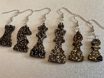 Glittery Chess Earrings: Laser Cut Acrylic Chess Pieces, Board Game, King, Queen, Pawn, Knight, Tower, Best Gifts for Her/Him/Them