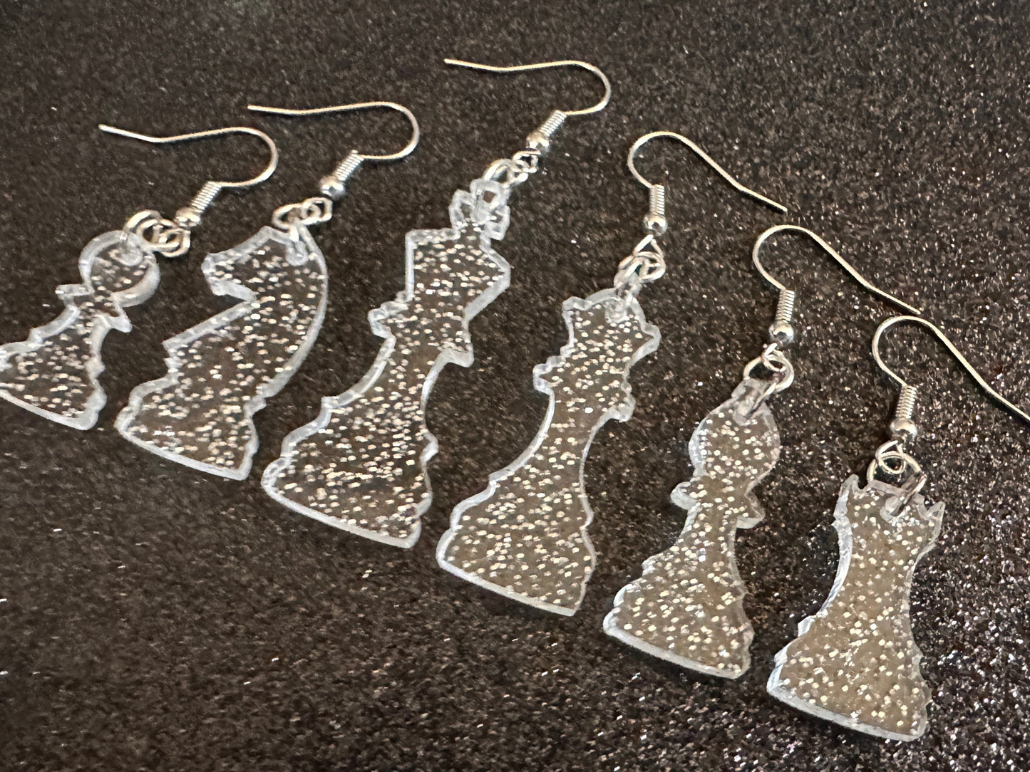 Glittery Chess Earrings: Laser Cut Acrylic Chess Pieces, Board Game, King, Queen, Pawn, Knight, Tower, Best Gifts for Her/Him/Them