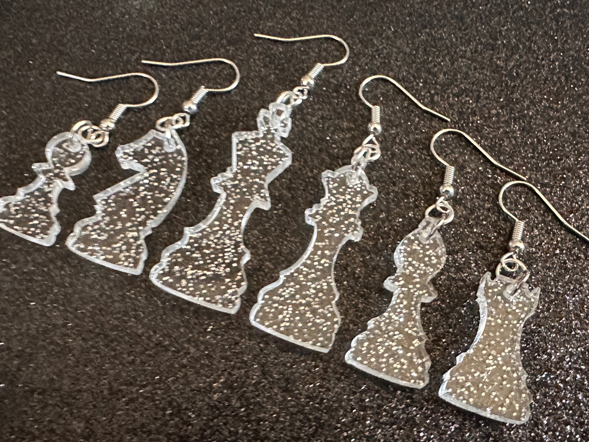 Glittery Chess Earrings: Laser Cut Acrylic Chess Pieces, Board Game, King, Queen, Pawn, Knight, Tower, Best Gifts for Her/Him/Them