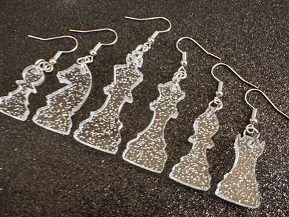 Glittery Chess Earrings: Laser Cut Acrylic Chess Pieces, Board Game, King, Queen, Pawn, Knight, Tower, Best Gifts for Her/Him/Them