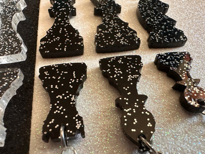 Glittery Chess Earrings: Laser Cut Acrylic Chess Pieces, Board Game, King, Queen, Pawn, Knight, Tower, Best Gifts for Her/Him/Them