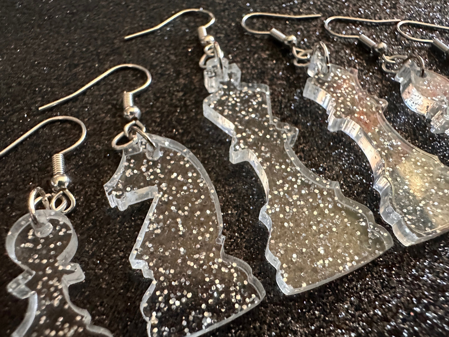 Glittery Chess Earrings: Laser Cut Acrylic Chess Pieces, Board Game, King, Queen, Pawn, Knight, Tower, Best Gifts for Her/Him/Them