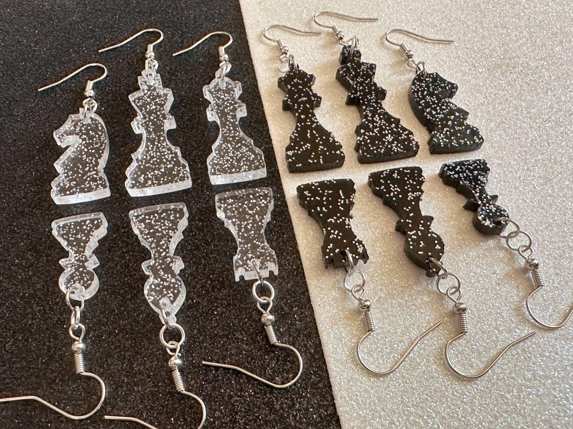 Glittery Chess Earrings: Laser Cut Acrylic Chess Pieces, Board Game, King, Queen, Pawn, Knight, Tower, Best Gifts for Her/Him/Them