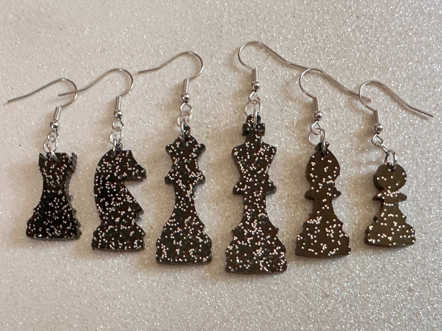 Glittery Chess Earrings: Laser Cut Acrylic Chess Pieces, Board Game, King, Queen, Pawn, Knight, Tower, Best Gifts for Her/Him/Them