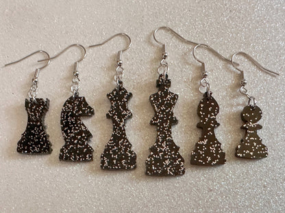 Glittery Chess Earrings: Laser Cut Acrylic Chess Pieces, Board Game, King, Queen, Pawn, Knight, Tower, Best Gifts for Her/Him/Them