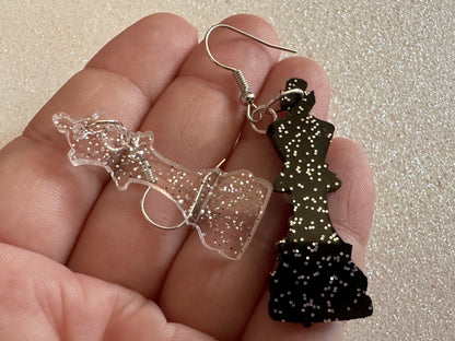 Glittery Chess Earrings: Laser Cut Acrylic Chess Pieces, Board Game, King, Queen, Pawn, Knight, Tower, Best Gifts for Her/Him/Them