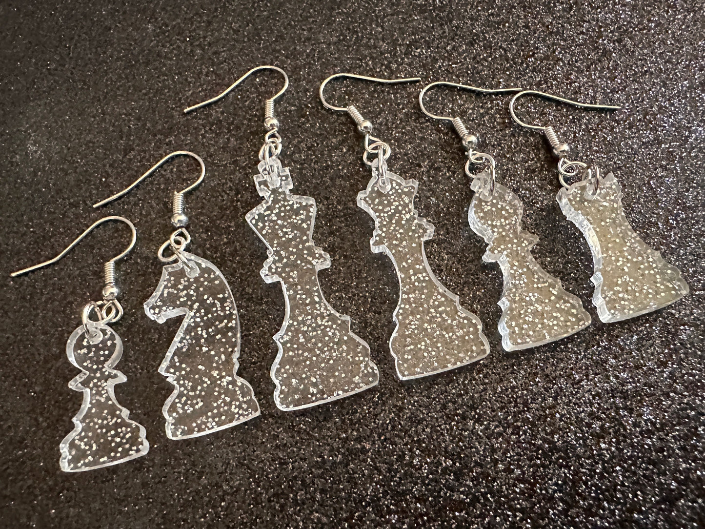 Glittery Chess Earrings: Laser Cut Acrylic Chess Pieces, Board Game, King, Queen, Pawn, Knight, Tower, Best Gifts for Her/Him/Them