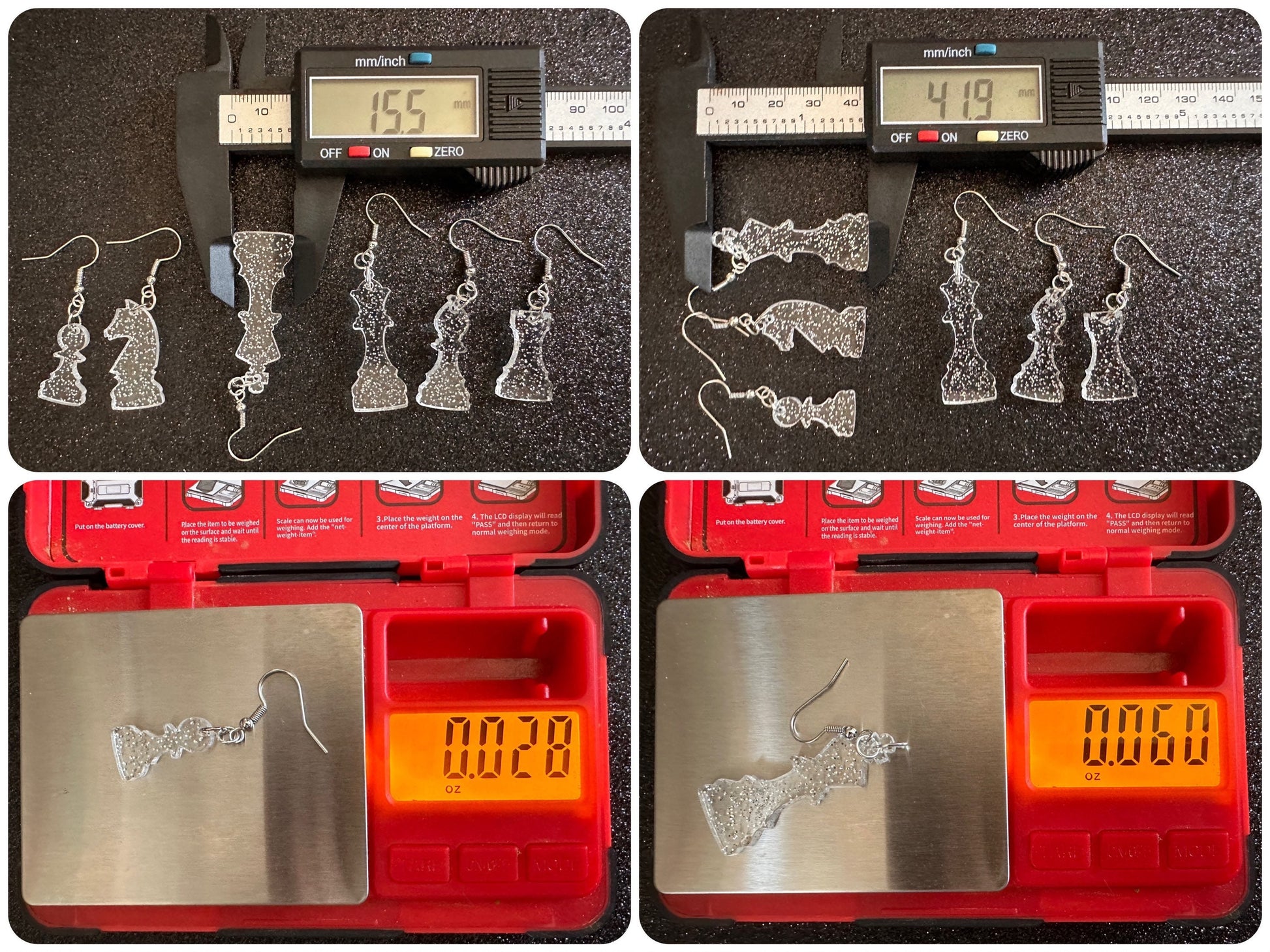 Glittery Chess Earrings: Laser Cut Acrylic Chess Pieces, Board Game, King, Queen, Pawn, Knight, Tower, Best Gifts for Her/Him/Them