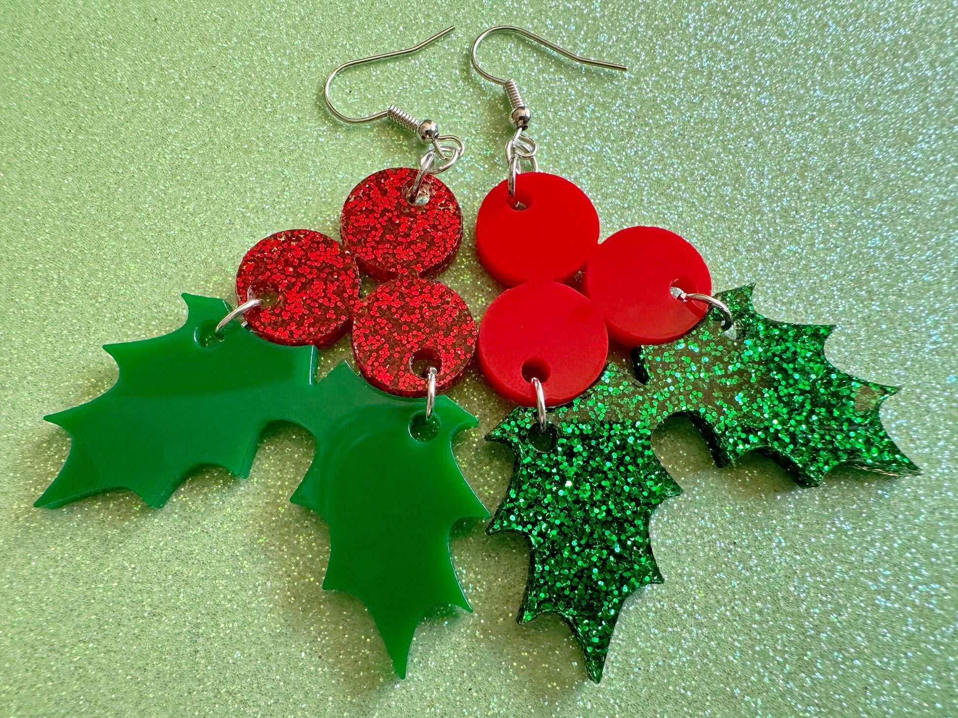 Glittery Christmas Earrings: Laser Cut Acrylic Holly, Holidays, Holiday, Xmas, Mistletoe, Christmas Present, Best Gifts for Her/Him/Them