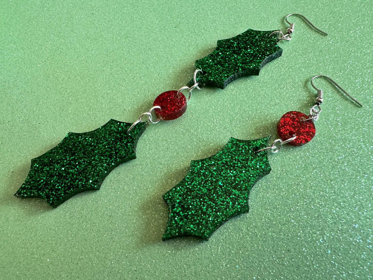 Glittery Christmas Earrings: Laser Cut Acrylic Holly, Holidays, Holiday, Xmas, Mistletoe, Christmas Present, Best Gifts for Her/Him/Them
