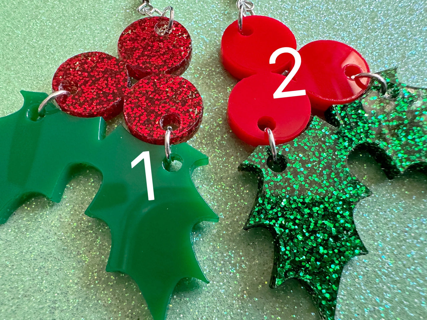 Glittery Christmas Earrings: Laser Cut Acrylic Holly, Holidays, Holiday, Xmas, Mistletoe, Christmas Present, Best Gifts for Her/Him/Them