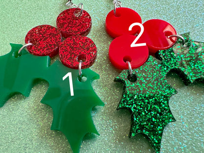 Glittery Christmas Earrings: Laser Cut Acrylic Holly, Holidays, Holiday, Xmas, Mistletoe, Christmas Present, Best Gifts for Her/Him/Them