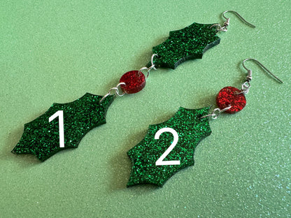 Glittery Christmas Earrings: Laser Cut Acrylic Holly, Holidays, Holiday, Xmas, Mistletoe, Christmas Present, Best Gifts for Her/Him/Them