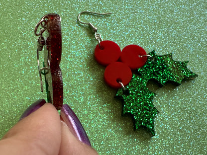 Glittery Christmas Earrings: Laser Cut Acrylic Holly, Holidays, Holiday, Xmas, Mistletoe, Christmas Present, Best Gifts for Her/Him/Them