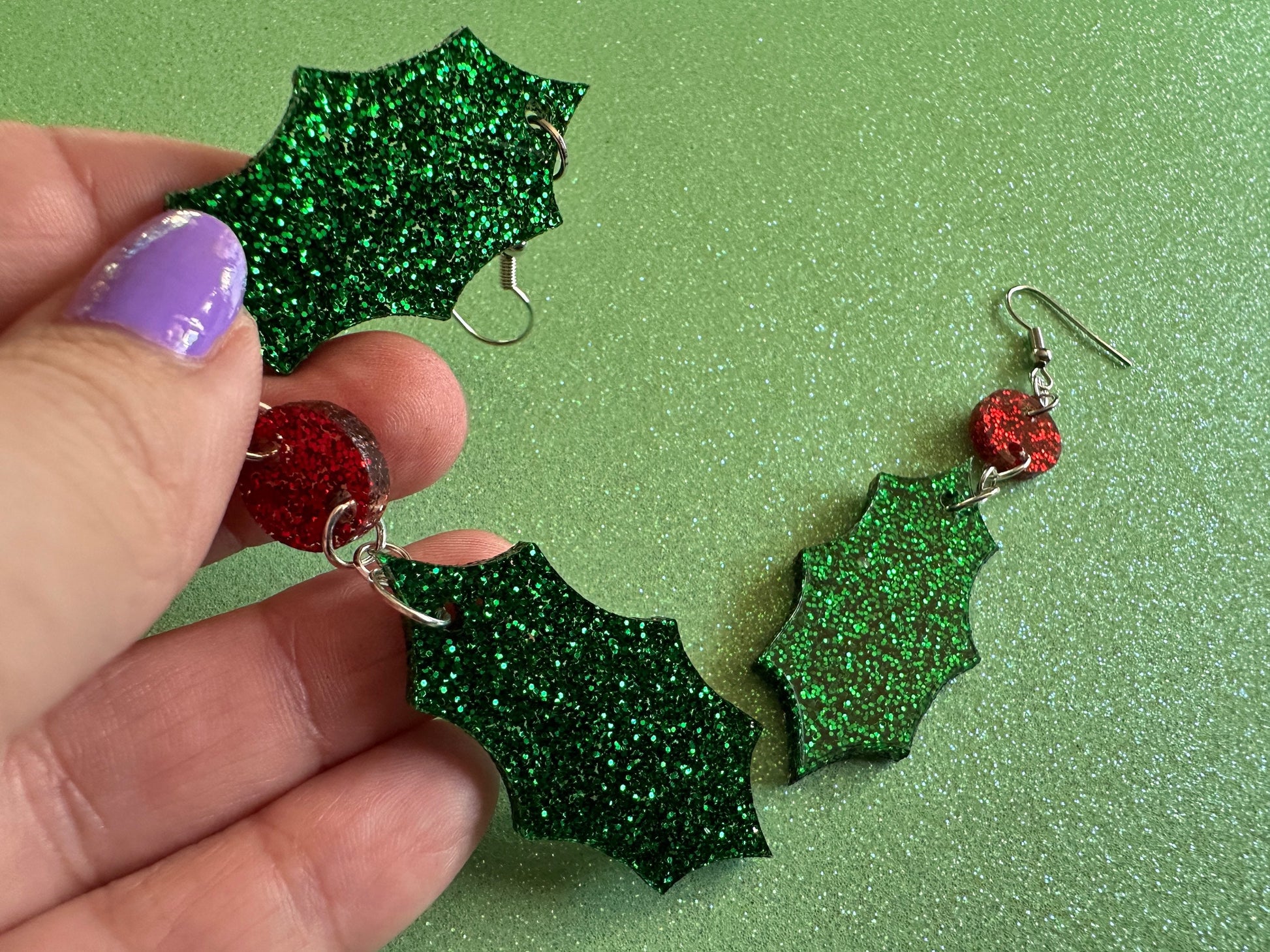 Glittery Christmas Earrings: Laser Cut Acrylic Holly, Holidays, Holiday, Xmas, Mistletoe, Christmas Present, Best Gifts for Her/Him/Them