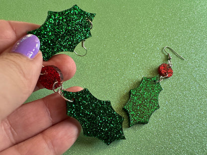 Glittery Christmas Earrings: Laser Cut Acrylic Holly, Holidays, Holiday, Xmas, Mistletoe, Christmas Present, Best Gifts for Her/Him/Them
