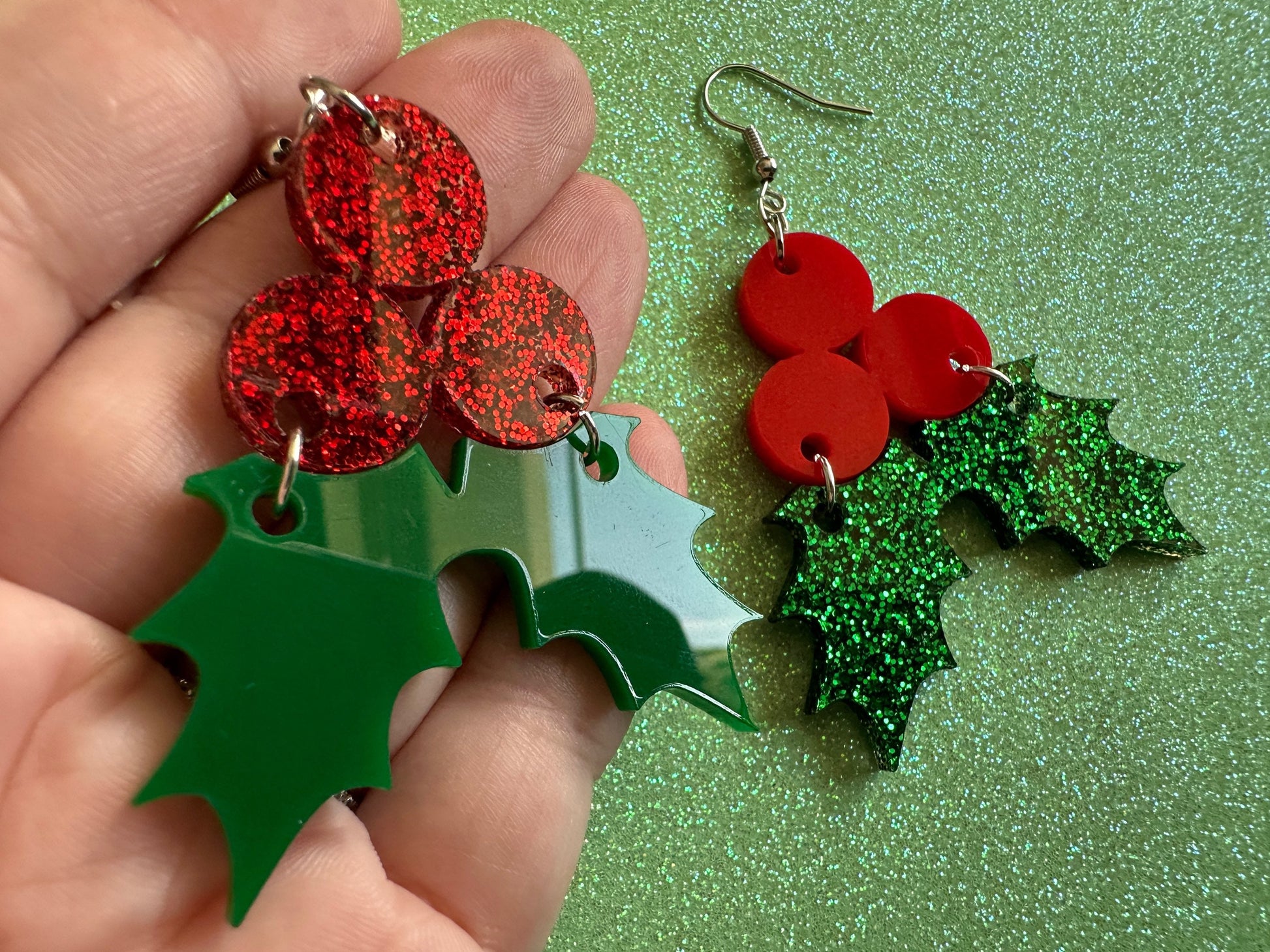Glittery Christmas Earrings: Laser Cut Acrylic Holly, Holidays, Holiday, Xmas, Mistletoe, Christmas Present, Best Gifts for Her/Him/Them