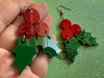 Glittery Christmas Earrings: Laser Cut Acrylic Holly, Holidays, Holiday, Xmas, Mistletoe, Christmas Present, Best Gifts for Her/Him/Them