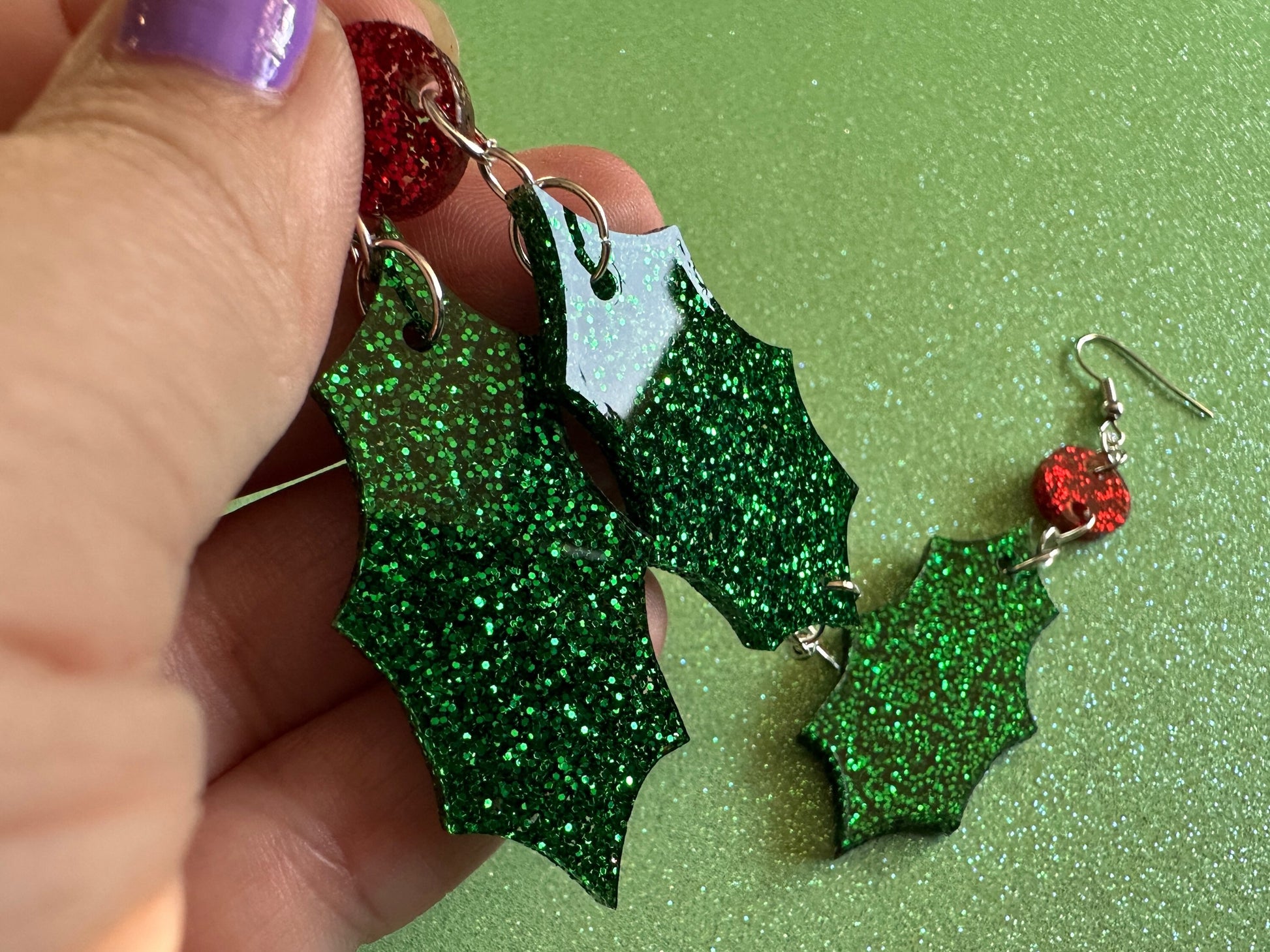 Glittery Christmas Earrings: Laser Cut Acrylic Holly, Holidays, Holiday, Xmas, Mistletoe, Christmas Present, Best Gifts for Her/Him/Them