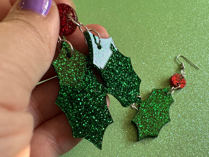 Glittery Christmas Earrings: Laser Cut Acrylic Holly, Holidays, Holiday, Xmas, Mistletoe, Christmas Present, Best Gifts for Her/Him/Them