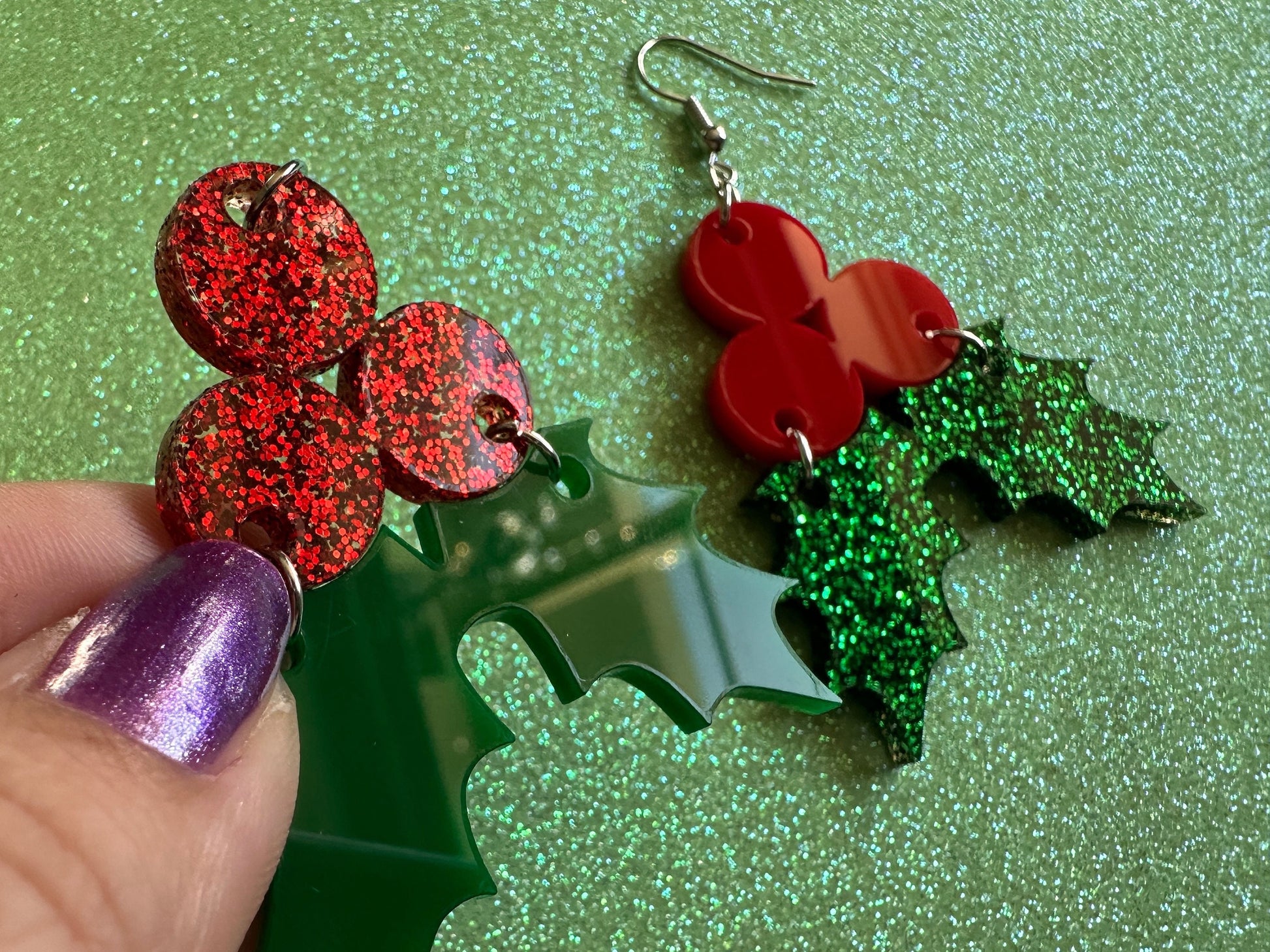 Glittery Christmas Earrings: Laser Cut Acrylic Holly, Holidays, Holiday, Xmas, Mistletoe, Christmas Present, Best Gifts for Her/Him/Them