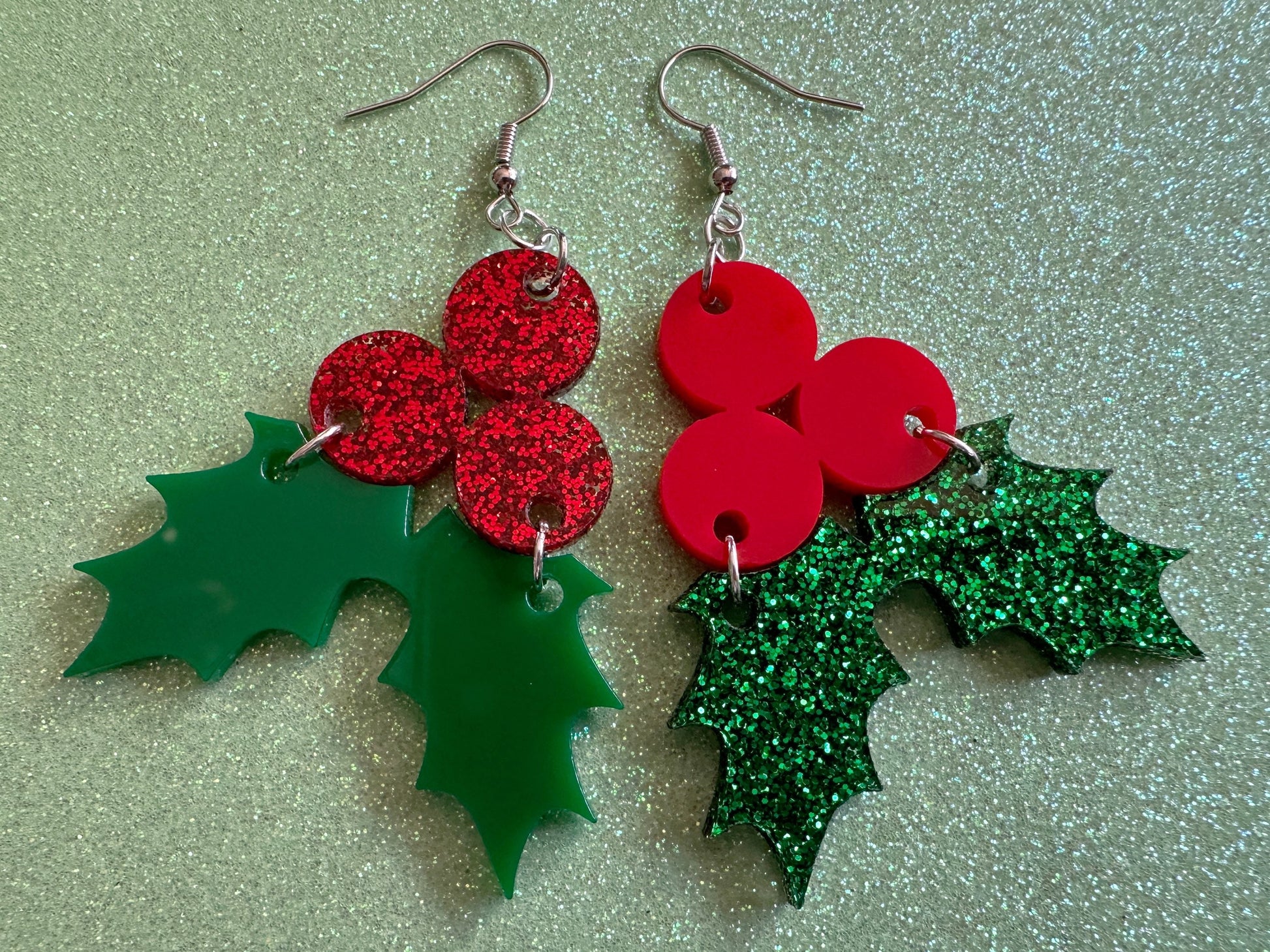 Glittery Christmas Earrings: Laser Cut Acrylic Holly, Holidays, Holiday, Xmas, Mistletoe, Christmas Present, Best Gifts for Her/Him/Them