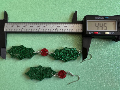 Glittery Christmas Earrings: Laser Cut Acrylic Holly, Holidays, Holiday, Xmas, Mistletoe, Christmas Present, Best Gifts for Her/Him/Them