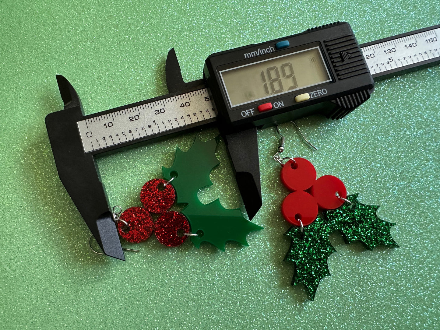 Glittery Christmas Earrings: Laser Cut Acrylic Holly, Holidays, Holiday, Xmas, Mistletoe, Christmas Present, Best Gifts for Her/Him/Them