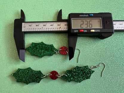 Glittery Christmas Earrings: Laser Cut Acrylic Holly, Holidays, Holiday, Xmas, Mistletoe, Christmas Present, Best Gifts for Her/Him/Them