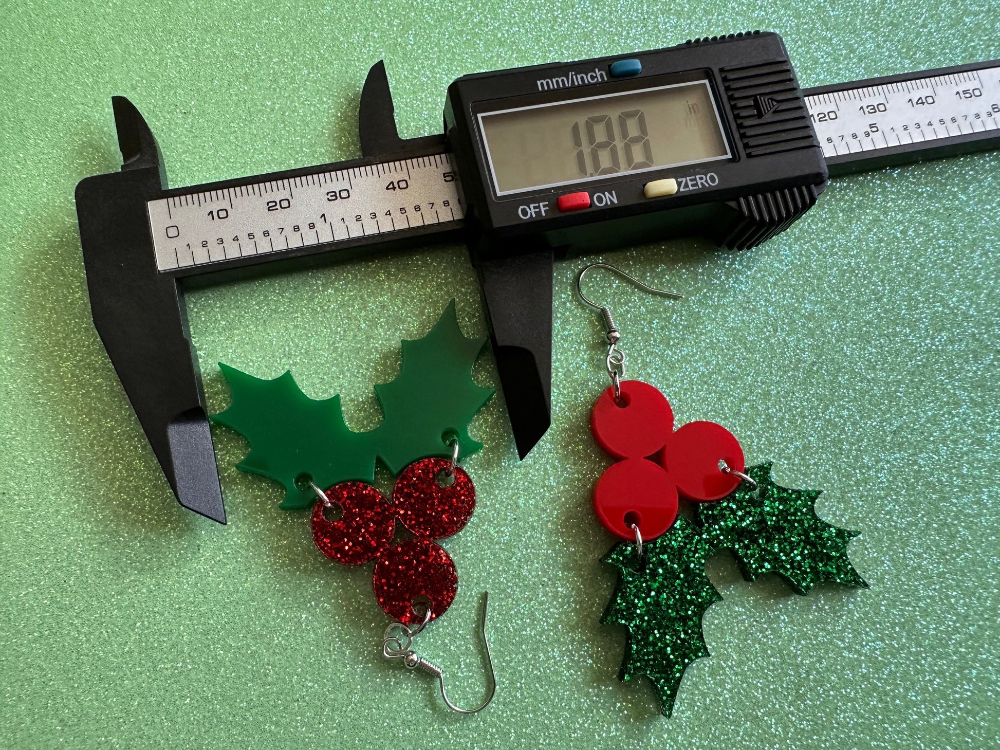 Glittery Christmas Earrings: Laser Cut Acrylic Holly, Holidays, Holiday, Xmas, Mistletoe, Christmas Present, Best Gifts for Her/Him/Them