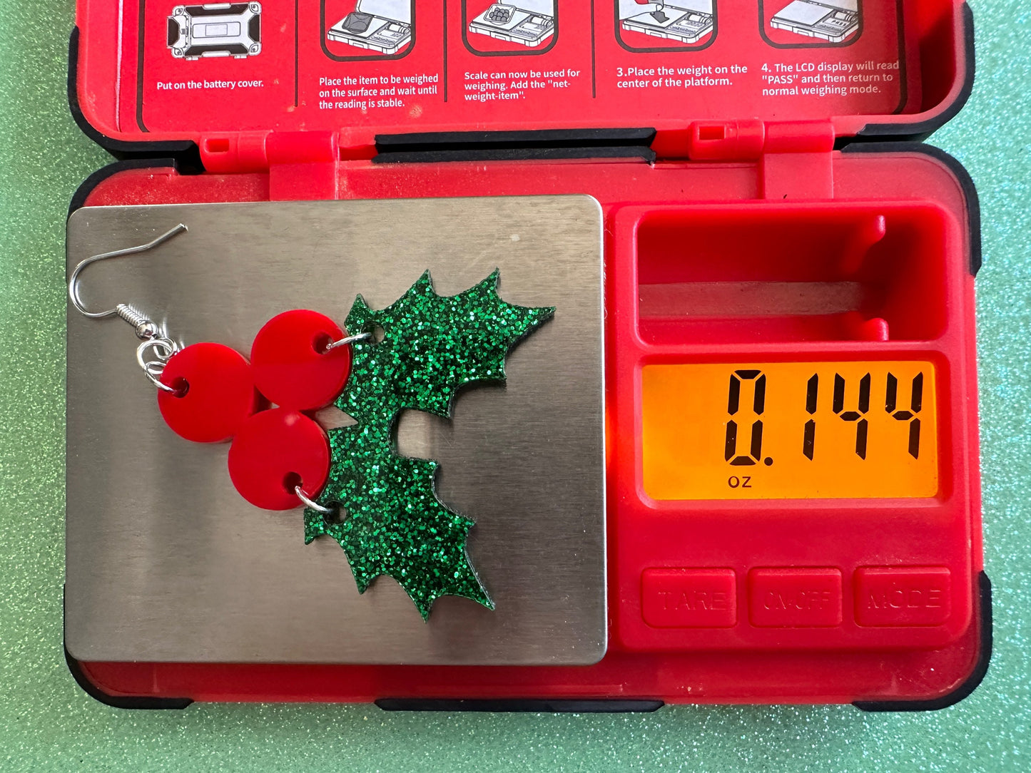 Glittery Christmas Earrings: Laser Cut Acrylic Holly, Holidays, Holiday, Xmas, Mistletoe, Christmas Present, Best Gifts for Her/Him/Them