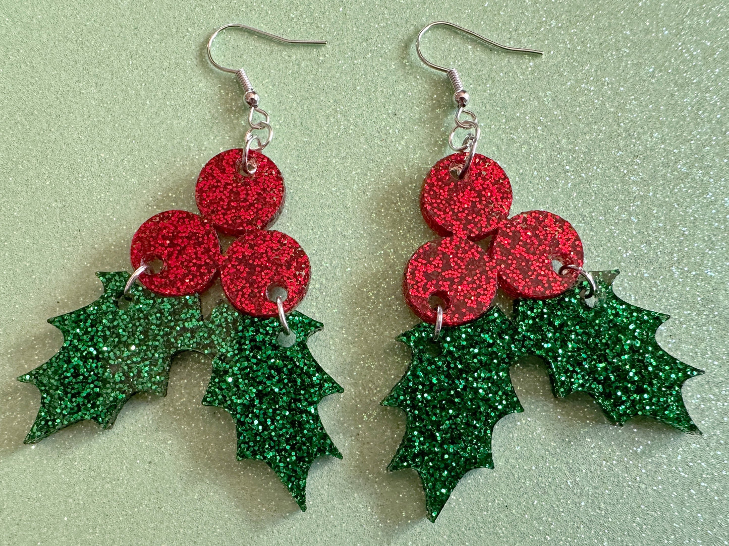 Glittery Christmas Earrings: Laser Cut Acrylic Holly, Holidays, Holiday, Xmas, Mistletoe, Ilex, Christmas Present, Gifts for Her/Him/Them