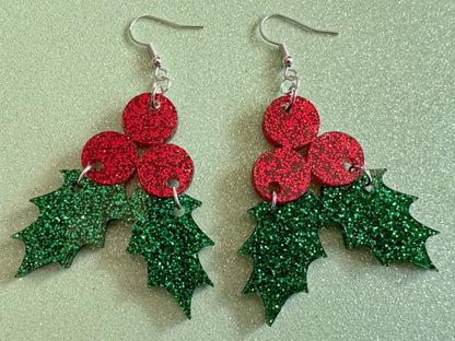 Glittery Christmas Earrings: Laser Cut Acrylic Holly, Holidays, Holiday, Xmas, Mistletoe, Ilex, Christmas Present, Gifts for Her/Him/Them
