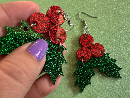 Glittery Christmas Earrings: Laser Cut Acrylic Holly, Holidays, Holiday, Xmas, Mistletoe, Ilex, Christmas Present, Gifts for Her/Him/Them