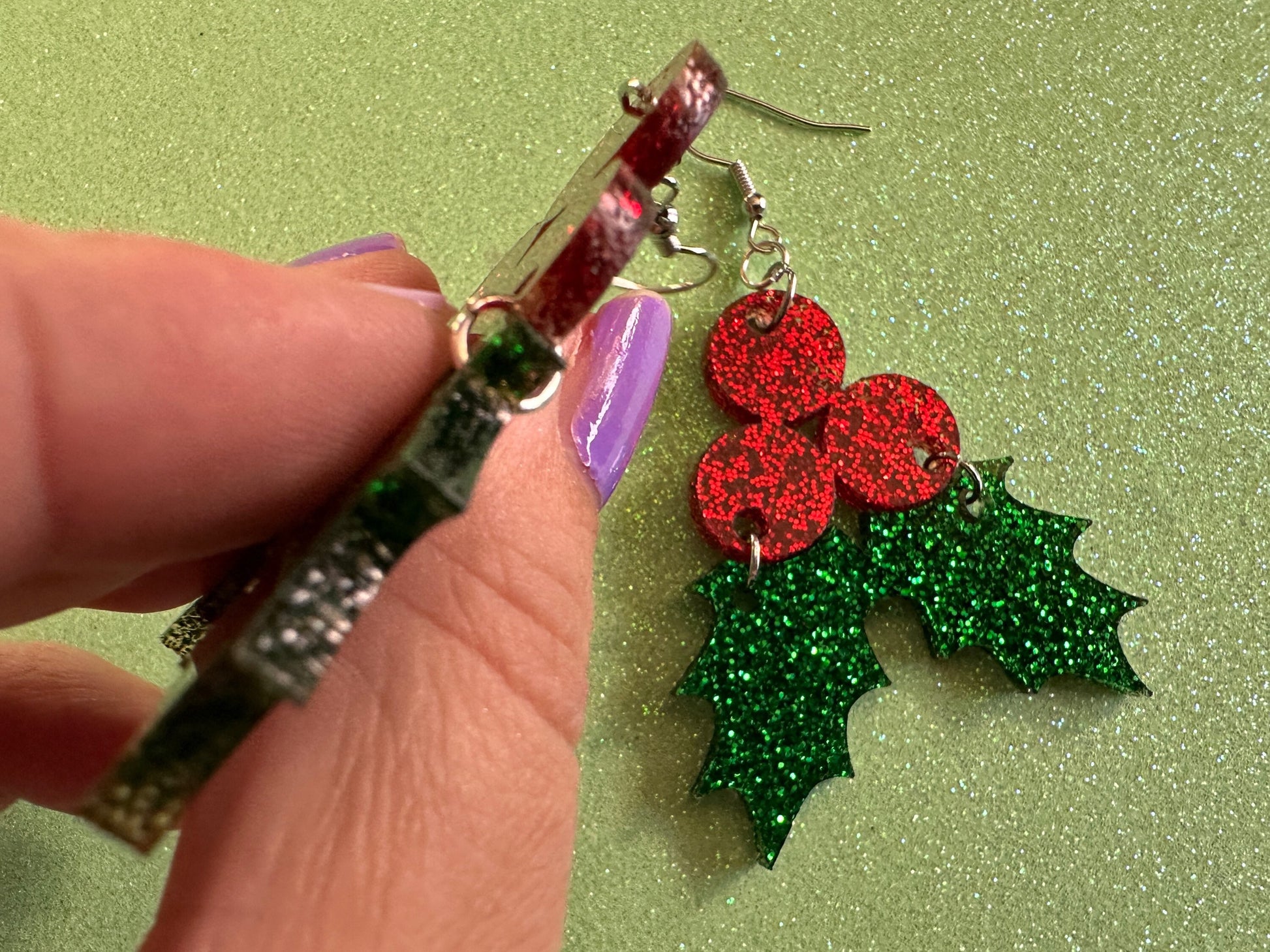 Glittery Christmas Earrings: Laser Cut Acrylic Holly, Holidays, Holiday, Xmas, Mistletoe, Ilex, Christmas Present, Gifts for Her/Him/Them