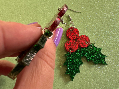 Glittery Christmas Earrings: Laser Cut Acrylic Holly, Holidays, Holiday, Xmas, Mistletoe, Ilex, Christmas Present, Gifts for Her/Him/Them