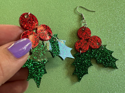 Glittery Christmas Earrings: Laser Cut Acrylic Holly, Holidays, Holiday, Xmas, Mistletoe, Ilex, Christmas Present, Gifts for Her/Him/Them