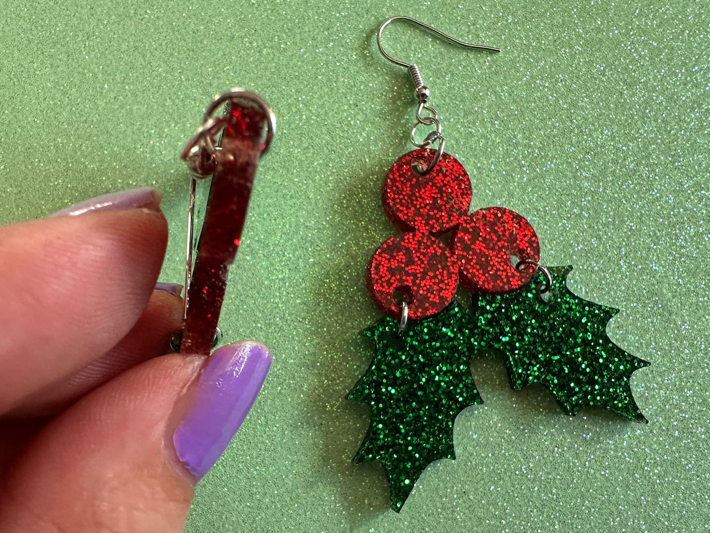 Glittery Christmas Earrings: Laser Cut Acrylic Holly, Holidays, Holiday, Xmas, Mistletoe, Ilex, Christmas Present, Gifts for Her/Him/Them