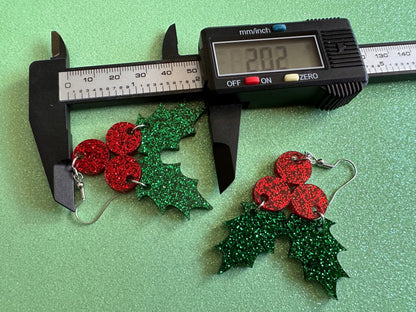 Glittery Christmas Earrings: Laser Cut Acrylic Holly, Holidays, Holiday, Xmas, Mistletoe, Ilex, Christmas Present, Gifts for Her/Him/Them
