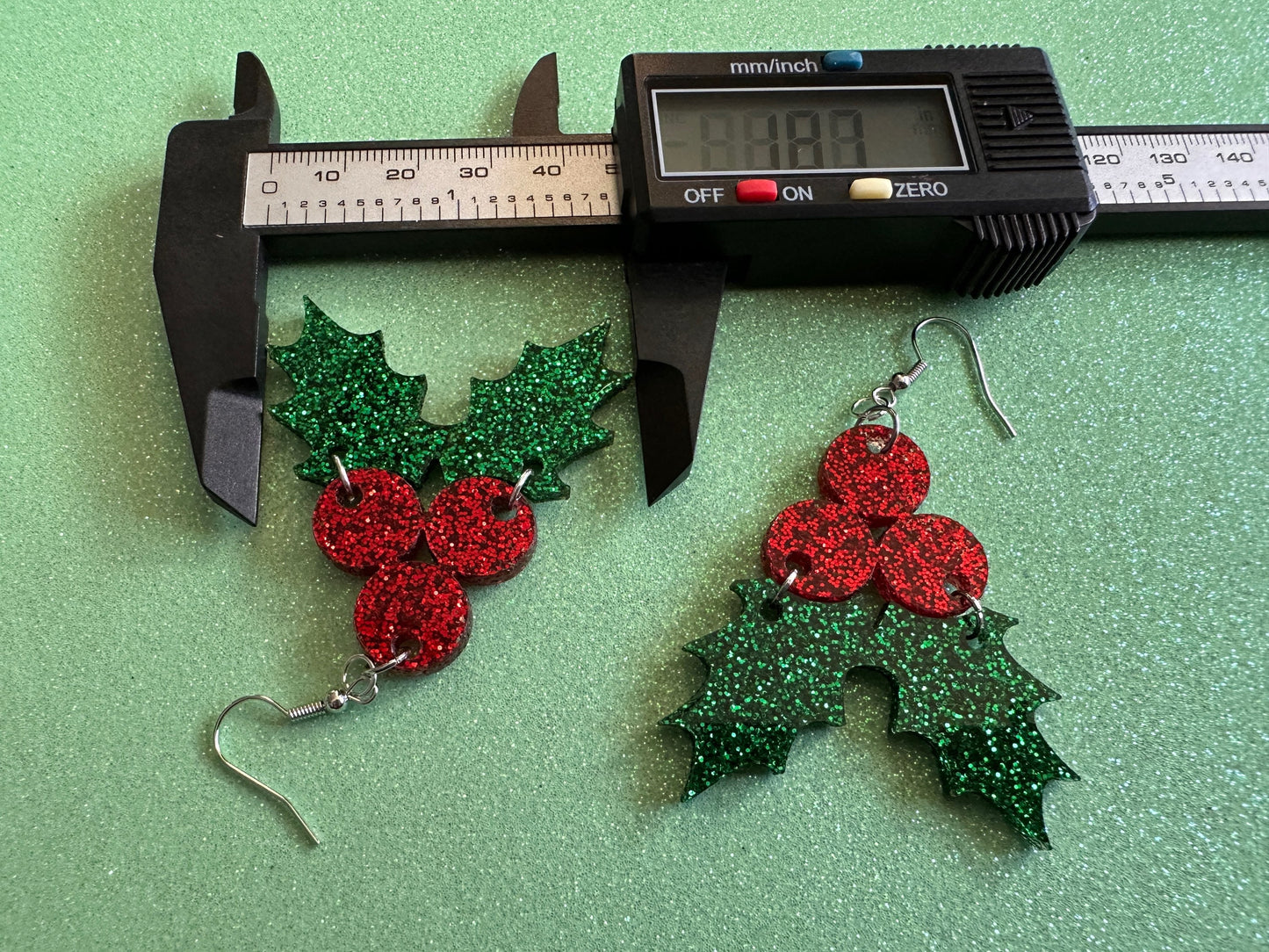 Glittery Christmas Earrings: Laser Cut Acrylic Holly, Holidays, Holiday, Xmas, Mistletoe, Ilex, Christmas Present, Gifts for Her/Him/Them