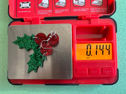 Glittery Christmas Earrings: Laser Cut Acrylic Holly, Holidays, Holiday, Xmas, Mistletoe, Ilex, Christmas Present, Gifts for Her/Him/Them