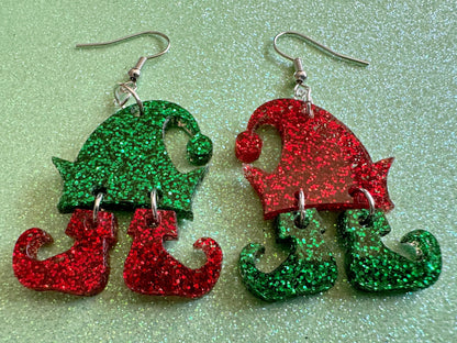 Glittery Christmas Elf Earrings: Laser Cut Acrylic Hats & Boots Earrings, Shiny Elve Clothes, Santa's Helpers, Gifts for Her/Him/Them