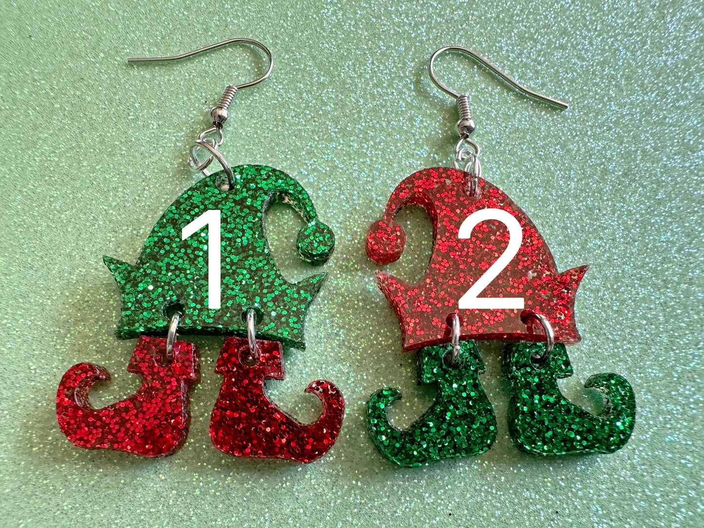 Glittery Christmas Elf Earrings: Laser Cut Acrylic Hats & Boots Earrings, Shiny Elve Clothes, Santa's Helpers, Gifts for Her/Him/Them
