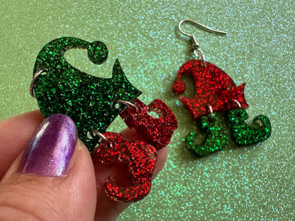 Glittery Christmas Elf Earrings: Laser Cut Acrylic Hats & Boots Earrings, Shiny Elve Clothes, Santa's Helpers, Gifts for Her/Him/Them