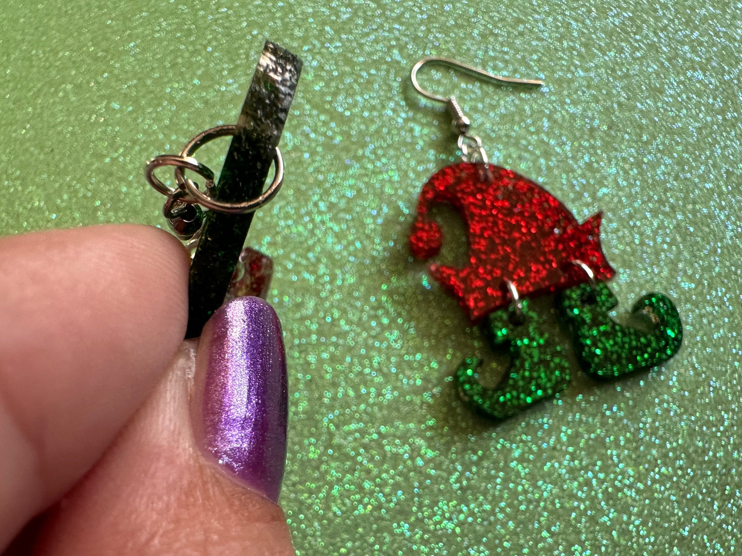 Glittery Christmas Elf Earrings: Laser Cut Acrylic Hats & Boots Earrings, Shiny Elve Clothes, Santa's Helpers, Gifts for Her/Him/Them