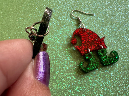 Glittery Christmas Elf Earrings: Laser Cut Acrylic Hats & Boots Earrings, Shiny Elve Clothes, Santa's Helpers, Gifts for Her/Him/Them
