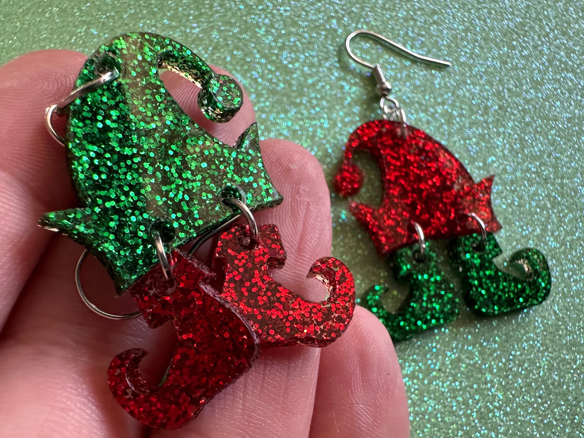 Glittery Christmas Elf Earrings: Laser Cut Acrylic Hats & Boots Earrings, Shiny Elve Clothes, Santa's Helpers, Gifts for Her/Him/Them